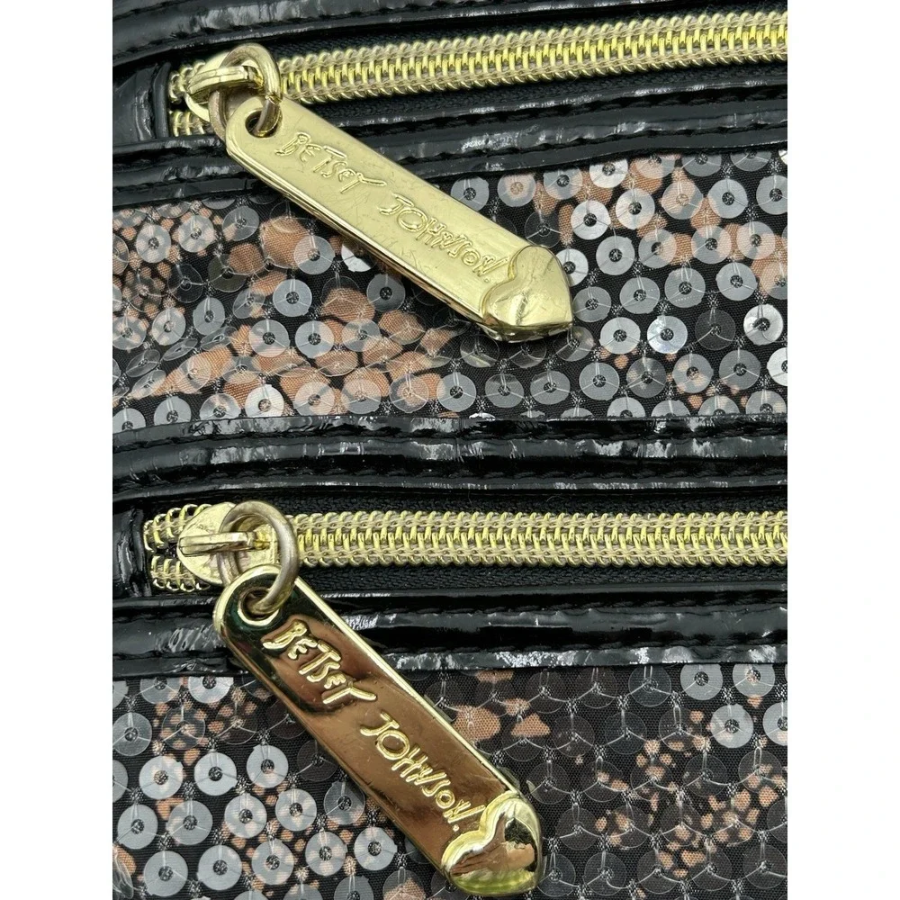 Betsey Johnson‎ Camo Sequin Crossbody Bag Double Zipper Black & Brown NWOT